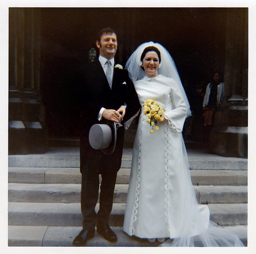 Louise and I emerging from St James's church, Spanish Place. August 21st 1971