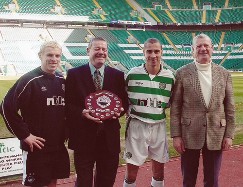 At Celtic Park, Glasgow with current manager Neil Lennon, my recently deceased brother William,the much loved Henrick Larson and self.